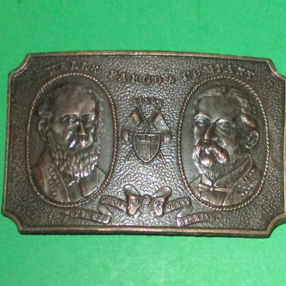VINTAGE Wells Fargo & Company Brass Belt Buckle 1970's Western Americana